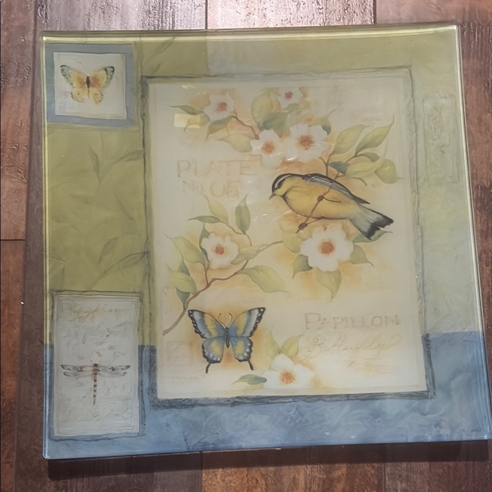 Susan Winget Square Glass Serving Platter with Bird and Floral Design